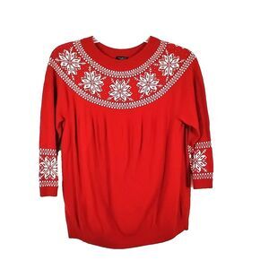 Talbots Womens 2XP Red Beaded Sweater Snowflake Lambswool Blend 3/4 Sleeve